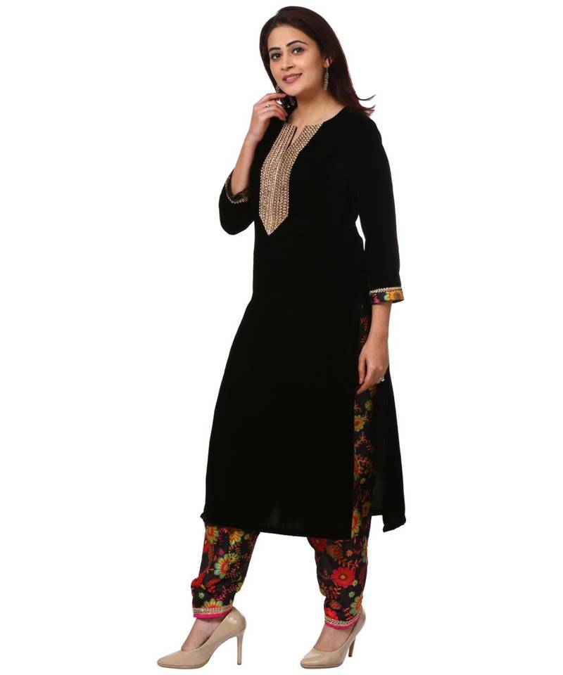 Black Gold Velvet Kurti with Floral Printed Salwar