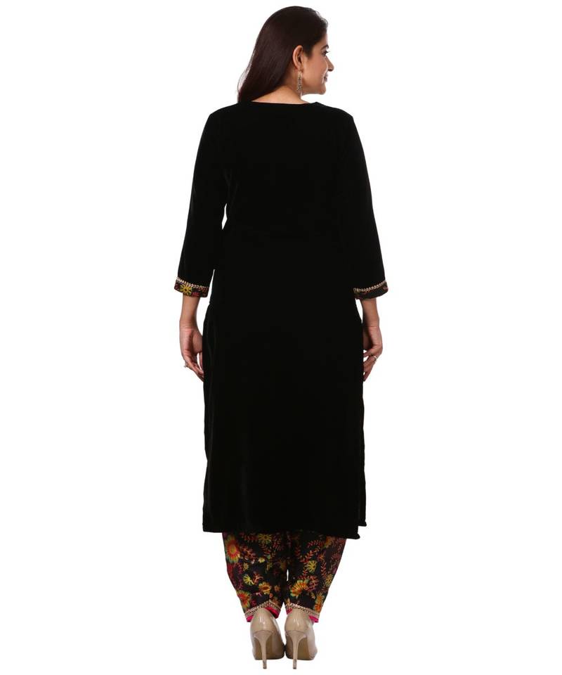 Black Gold Velvet Kurti with Floral Printed Salwar