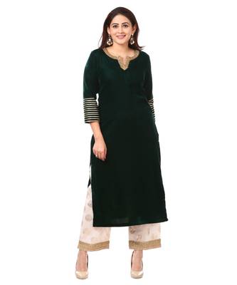 Forest Green Velvet Kurti with Straight Foil Printed Palazzo 1