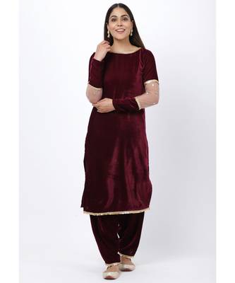 purple Sequenced Sleeves Velvet Kurti with Velvet Salwar 1