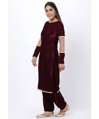 purple Sequenced Sleeves Velvet Kurti with Velvet Salwar 2