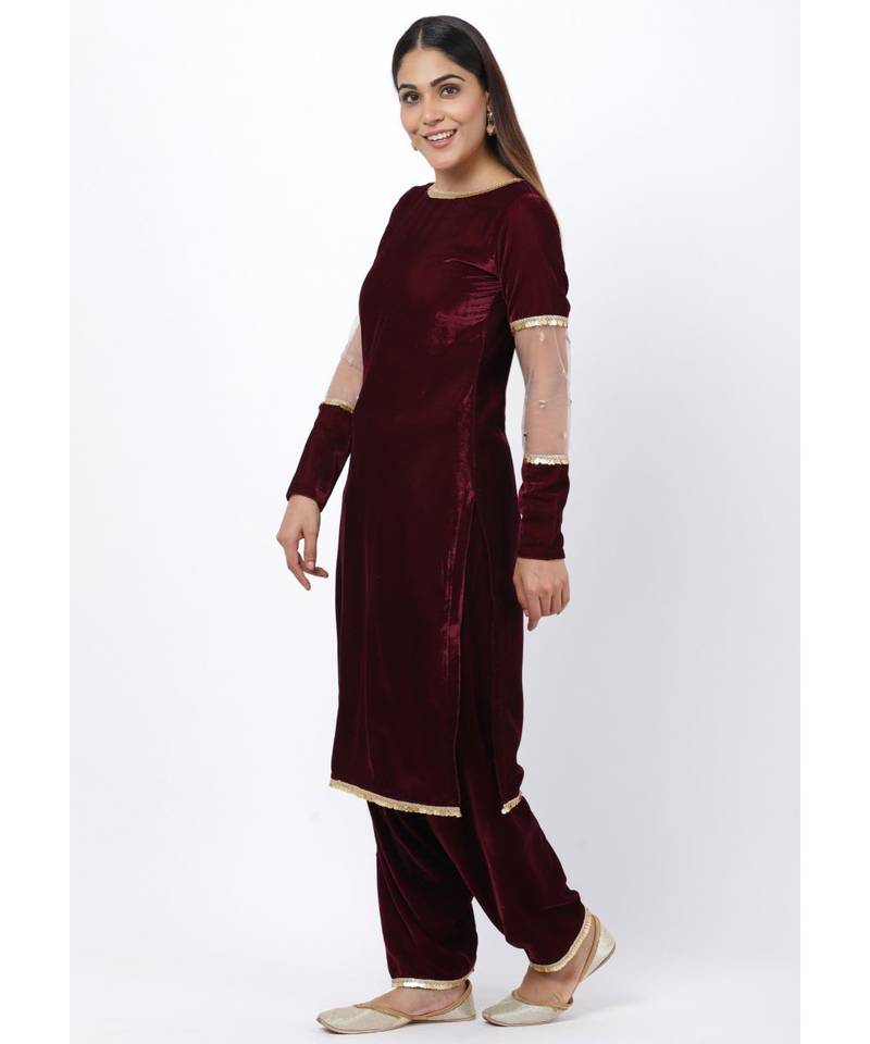 purple Sequenced Sleeves Velvet Kurti with Velvet Salwar