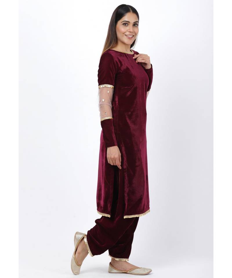 purple Sequenced Sleeves Velvet Kurti with Velvet Salwar