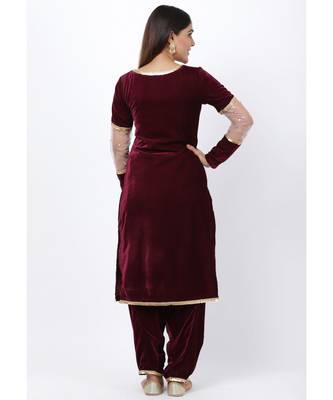 purple Sequenced Sleeves Velvet Kurti with Velvet Salwar 4