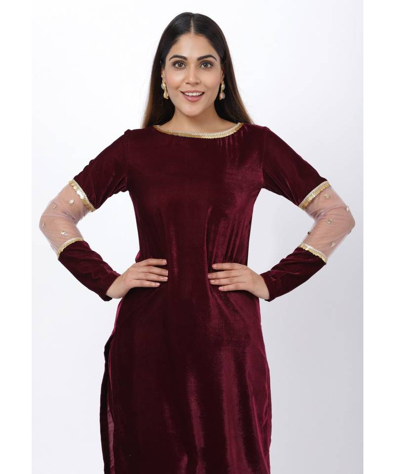 purple Sequenced Sleeves Velvet Kurti with Velvet Salwar