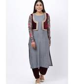Gray Printed Churidar Sleeves Kurti with Velvet Salwar and Velvet Jacket