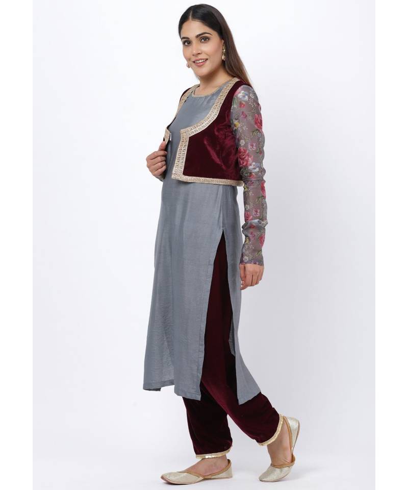 Gray Printed Churidar Sleeves Kurti with Velvet Salwar and Velvet Jacket