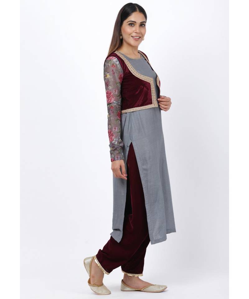 Gray Printed Churidar Sleeves Kurti with Velvet Salwar and Velvet Jacket