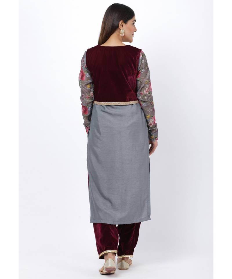 Gray Printed Churidar Sleeves Kurti with Velvet Salwar and Velvet Jacket