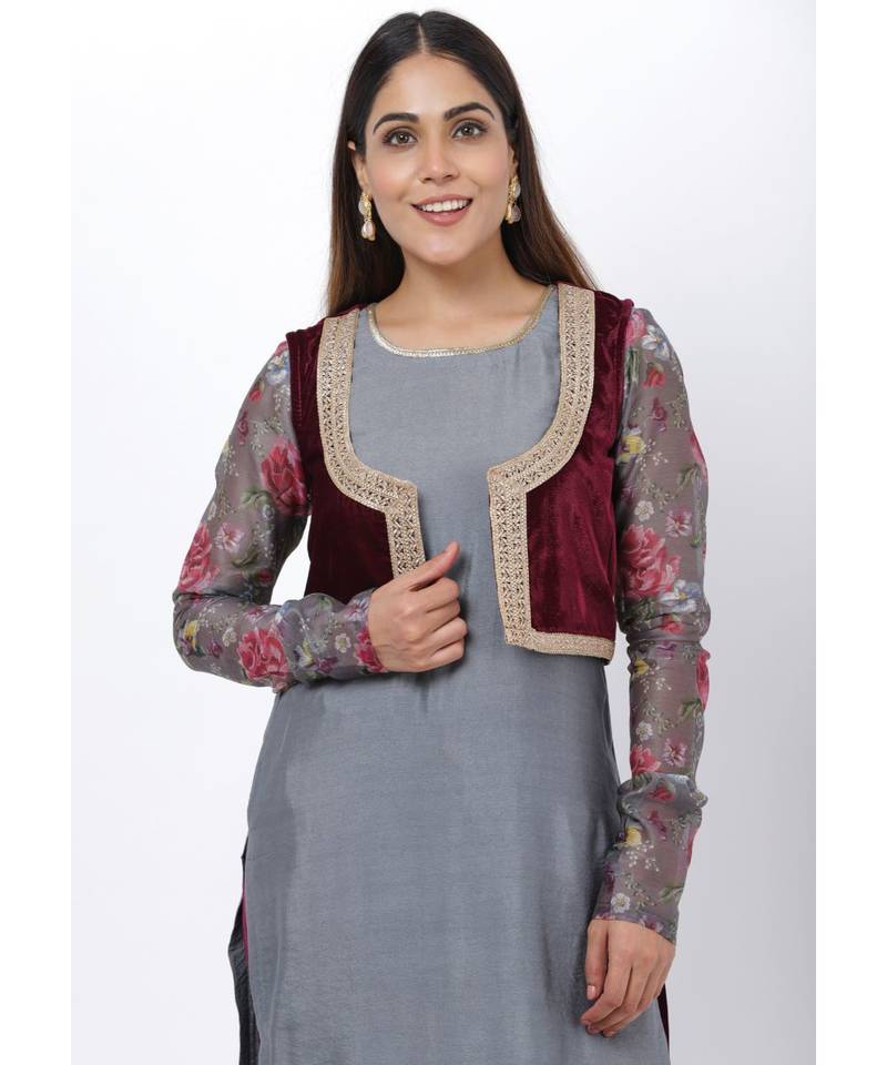 Gray Printed Churidar Sleeves Kurti with Velvet Salwar and Velvet Jacket
