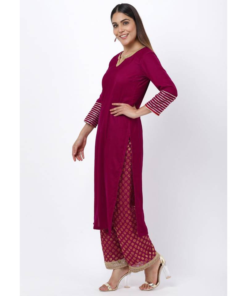 Magenta Addict Velvet Kurti with Banarsi Palazzo