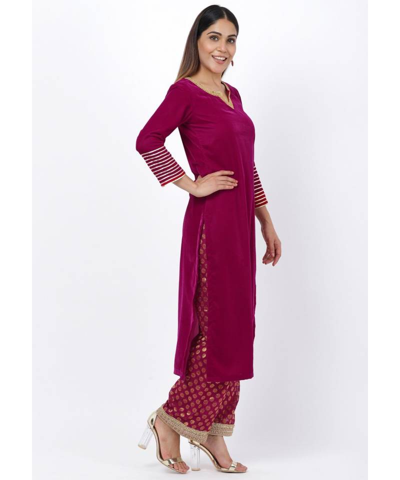 Magenta Addict Velvet Kurti with Banarsi Palazzo