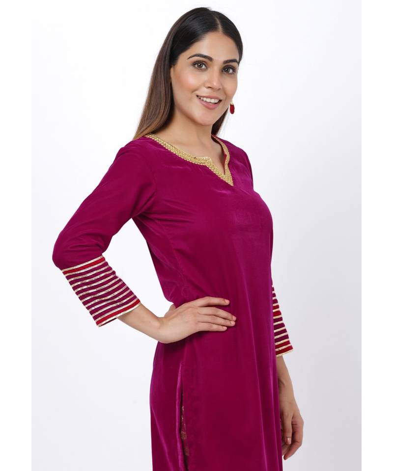 Magenta Addict Velvet Kurti with Banarsi Palazzo