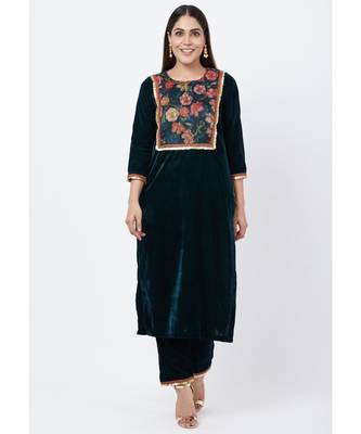 Green Floral Printed Velvet Kurti with Straight Palazzo 1