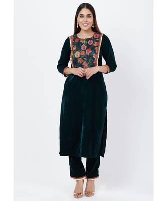Green Floral Printed Velvet Kurti with Straight Palazzo 2