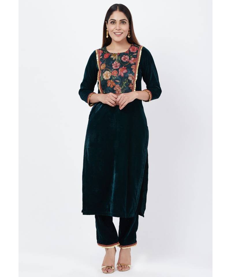 Green Floral Printed Velvet Kurti with Straight Palazzo