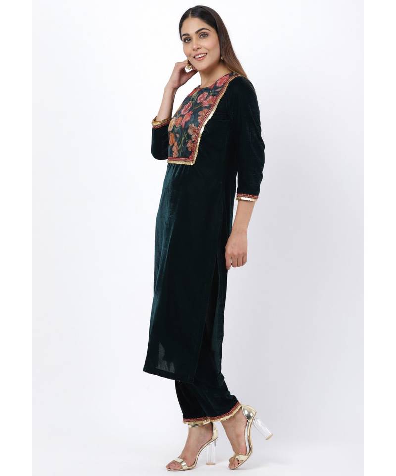 Green Floral Printed Velvet Kurti with Straight Palazzo