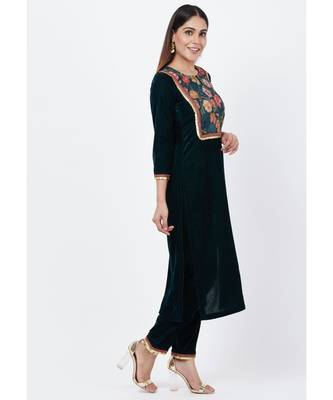 Green Floral Printed Velvet Kurti with Straight Palazzo 4