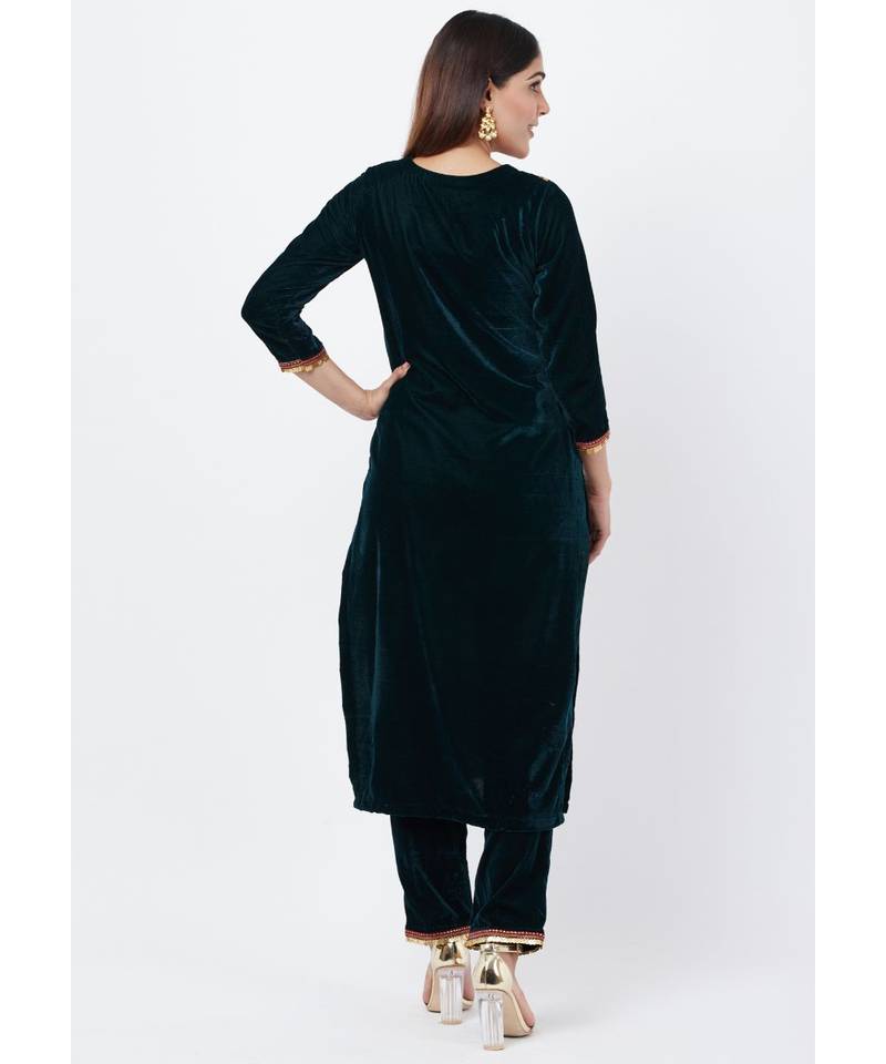 Green Floral Printed Velvet Kurti with Straight Palazzo