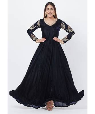 Navy Blue Velvet Floor Length Anarkali with Embroidered Sleeves 1