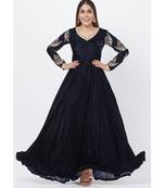 Navy Blue Velvet Floor Length Anarkali with Embroidered Sleeves