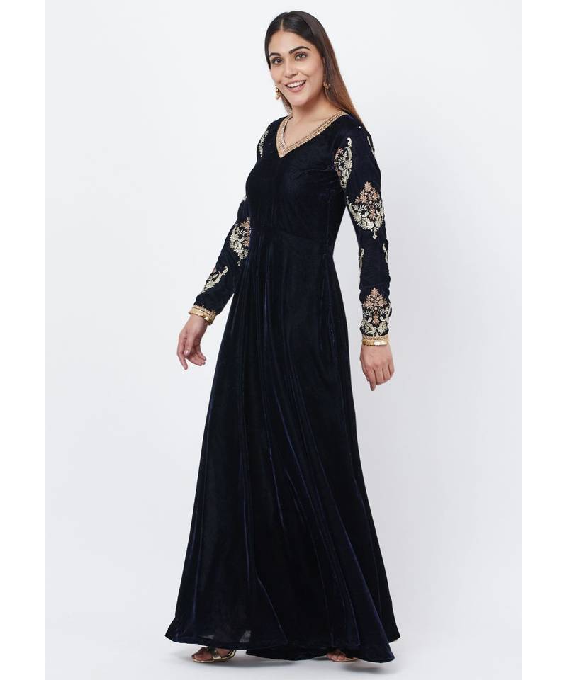 Navy Blue Velvet Floor Length Anarkali with Embroidered Sleeves