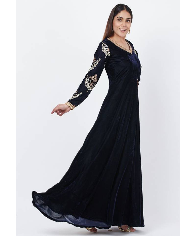Navy Blue Velvet Floor Length Anarkali with Embroidered Sleeves