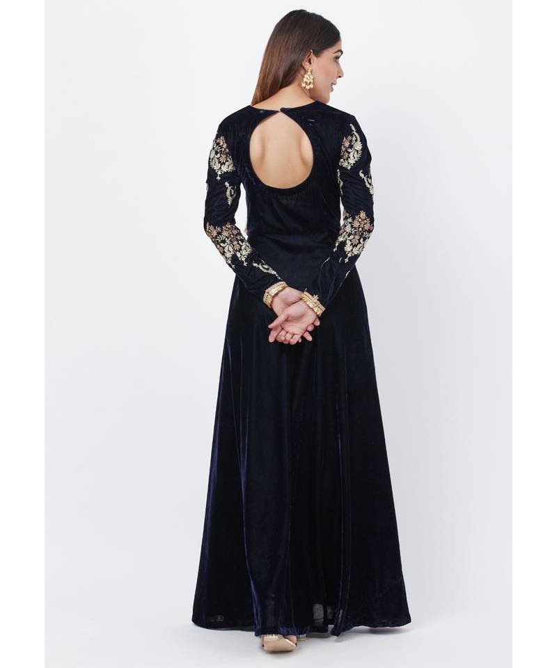 Navy Blue Velvet Floor Length Anarkali with Embroidered Sleeves