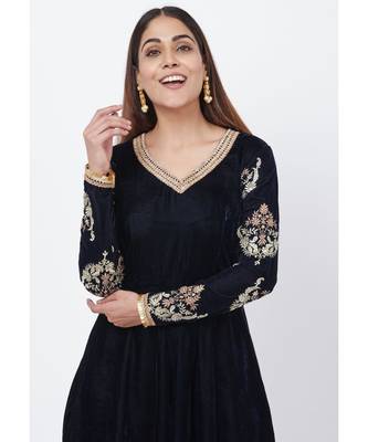 Navy Blue Velvet Floor Length Anarkali with Embroidered Sleeves 5