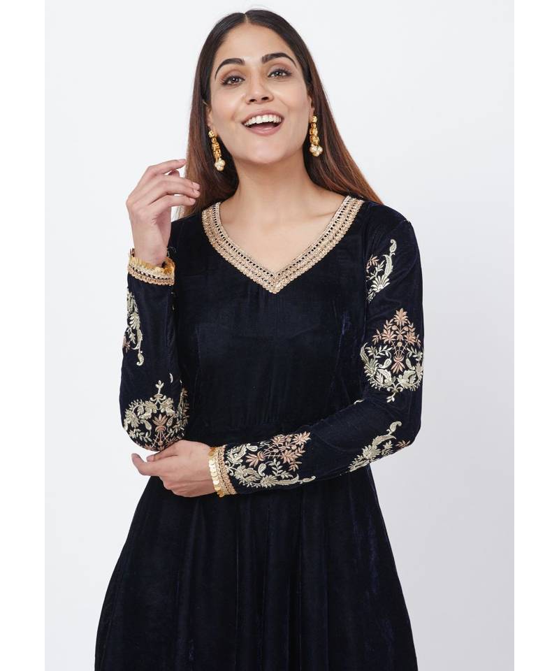 Navy Blue Velvet Floor Length Anarkali with Embroidered Sleeves