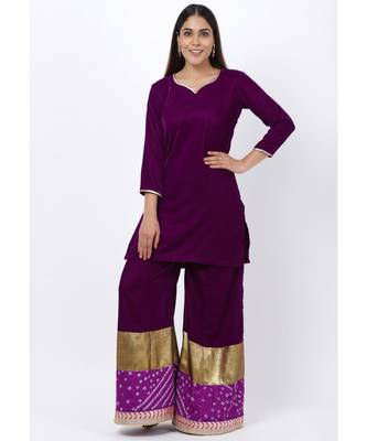 My Purple Short Velvet Kurti with Kalidaar Bandhani Palazzo 1