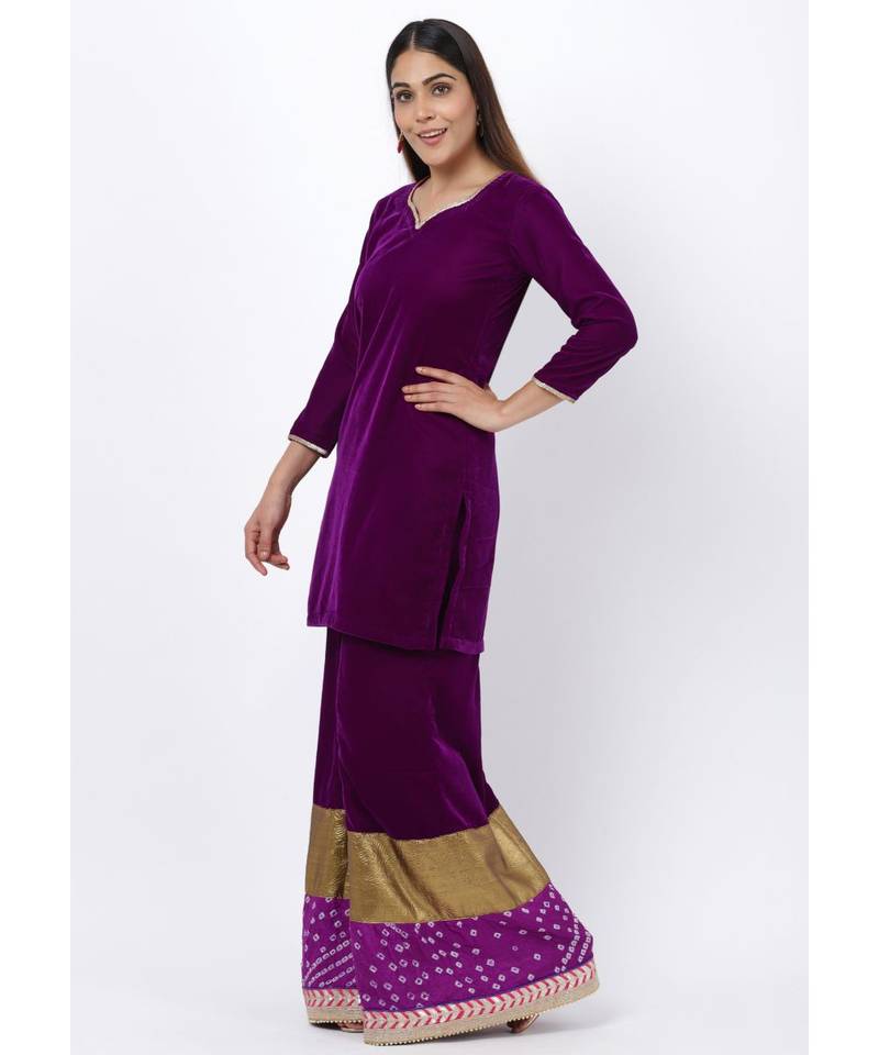 My Purple Short Velvet Kurti with Kalidaar Bandhani Palazzo