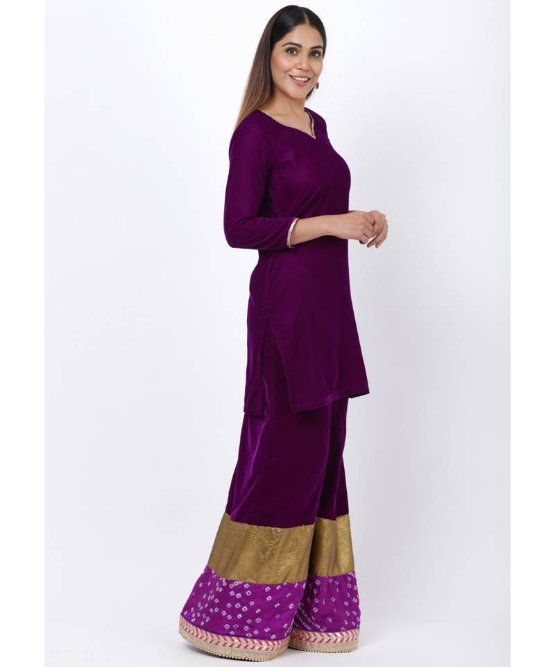 My Purple Short Velvet Kurti with Kalidaar Bandhani Palazzo