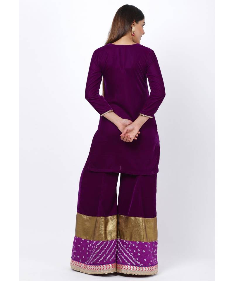 My Purple Short Velvet Kurti with Kalidaar Bandhani Palazzo
