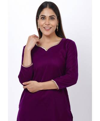 My Purple Short Velvet Kurti with Kalidaar Bandhani Palazzo 5