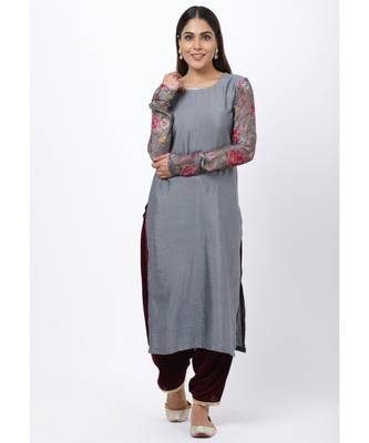Gray Printed Churidar Sleeves Kurti with Velvet Salwar 1