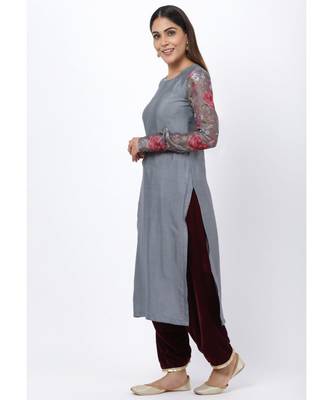 Gray Printed Churidar Sleeves Kurti with Velvet Salwar 2