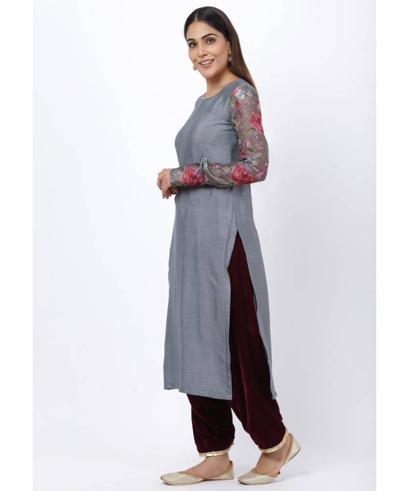 Gray Printed Churidar Sleeves Kurti with Velvet Salwar