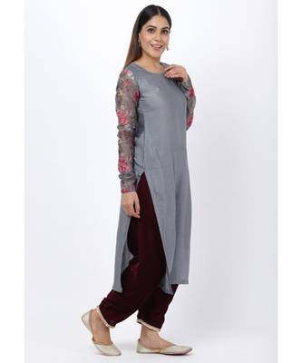 Gray Printed Churidar Sleeves Kurti with Velvet Salwar 3