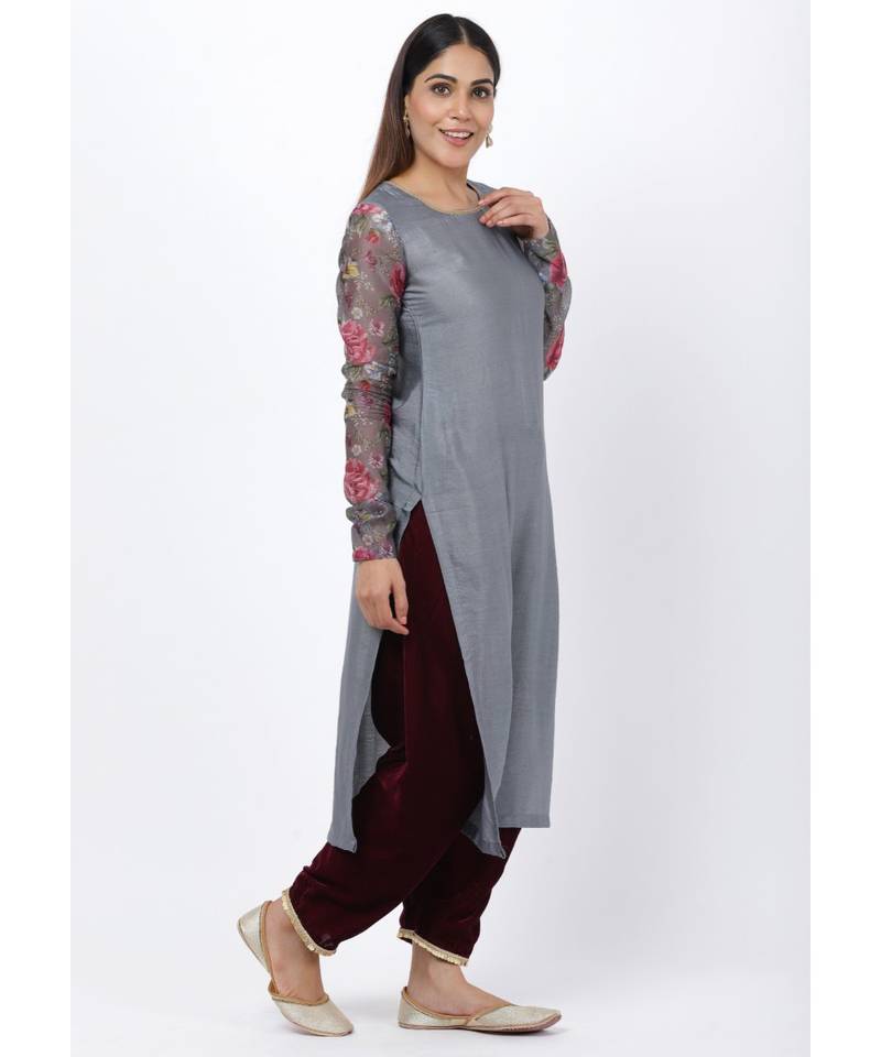 Gray Printed Churidar Sleeves Kurti with Velvet Salwar