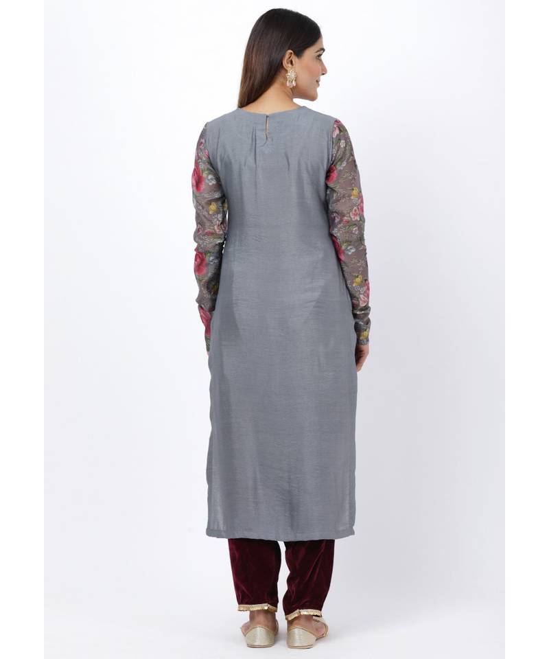 Gray Printed Churidar Sleeves Kurti with Velvet Salwar