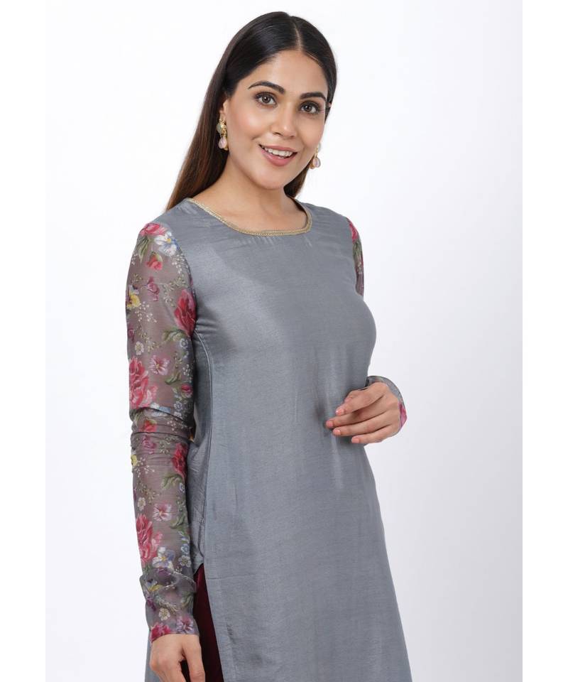 Gray Printed Churidar Sleeves Kurti with Velvet Salwar