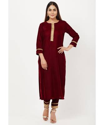 Maroon Gold Velvet Kundan Kurti with Straight Pants 1