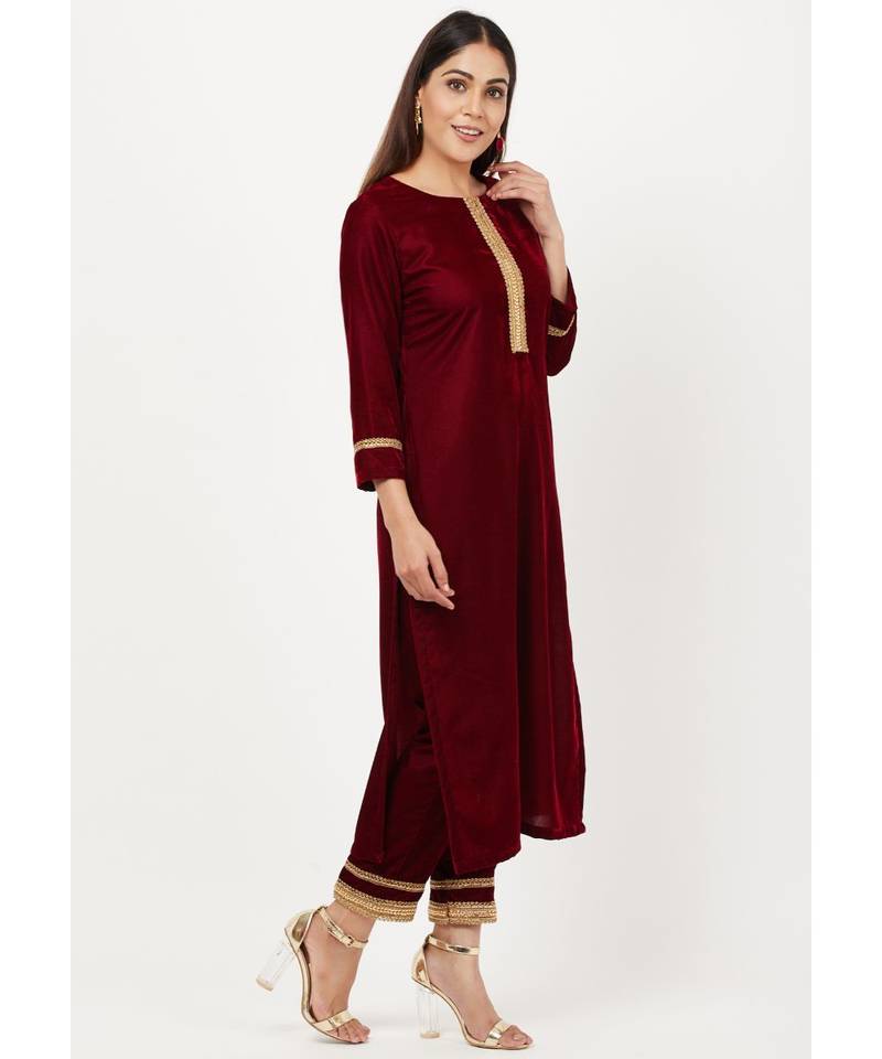 Maroon Gold Velvet Kundan Kurti with Straight Pants