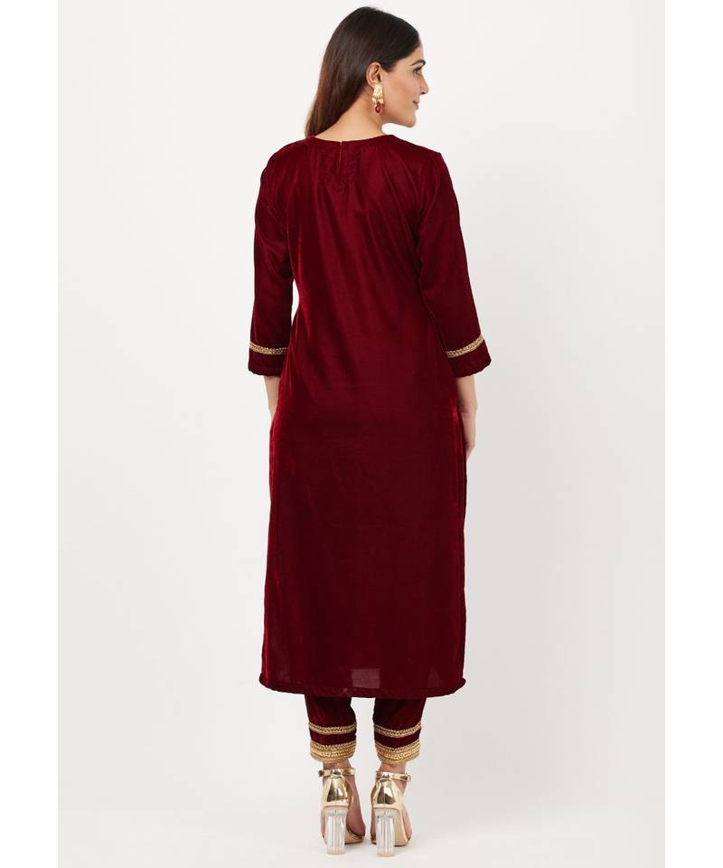 Maroon Gold Velvet Kundan Kurti with Straight Pants