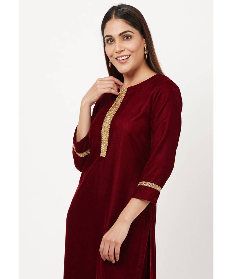 Maroon Gold Velvet Kundan Kurti with Straight Pants