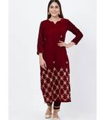 Maroon Mirror Embroidered Velvet Kurti with Straight Pants
