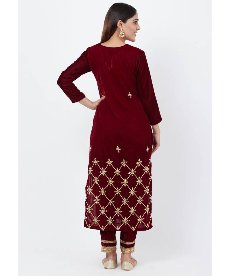 Maroon Mirror Embroidered Velvet Kurti with Straight Pants
