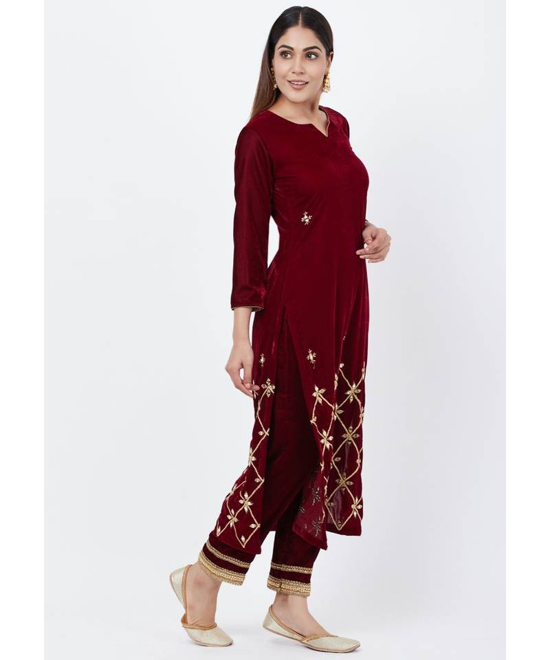 Maroon Mirror Embroidered Velvet Kurti with Straight Pants