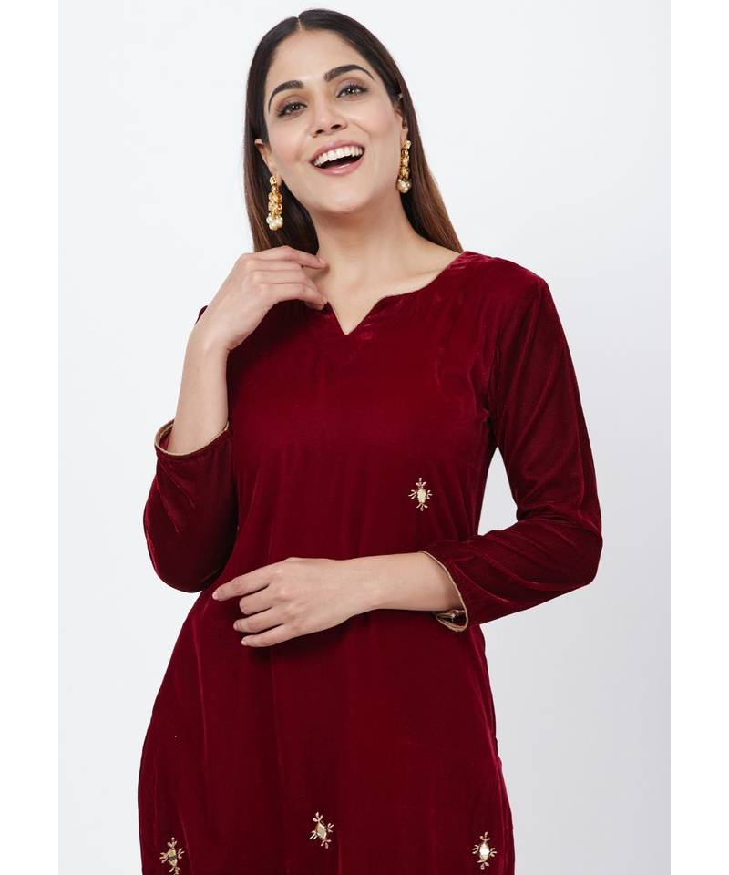Maroon Mirror Embroidered Velvet Kurti with Straight Pants